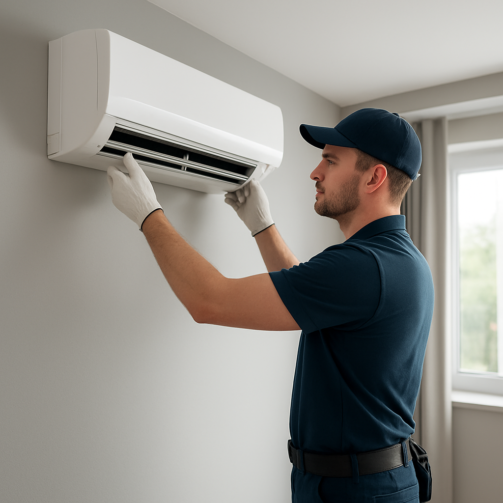 Professional HVAC technician installing modern air conditioning system